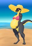  3_toes absurd_res anthro beach belly big_belly bikini black_body black_scales breasts clothing countershading curvy_figure feet female hat headgear headwear hi_res holding_belly ineternet outside pink_bikini pink_clothing pink_swimwear pregnant pregnant_anthro pregnant_female red_eyes reptile scales scalie sea seaside smile snake solo straw_hat sun_hat swimwear tail toes voluptuous water 