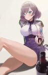  1girl blue_eyes blush bob_cut bottle breasts buttons closed_mouth cup double-breasted drinking_glass epaulettes gridman_universe high-waist_skirt highres large_breasts m.q_(mqkyrie) mujina necktie simple_background sitting skin_tight skirt solo ssss.dynazenon wine_bottle wine_glass 