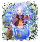  1girl blue_eyes blue_hair book bright_pupils brown_dress bubble capelet commentary_request dress envelope footprints glint green_background hand_on_own_hip hibi89 holding holding_smoking_pipe inkwell jar jewelry key liquid_hair lock long_hair long_sleeves magnifying_glass merc_(merc_storia) merc_storia mini_person minigirl monocle necktie one_eye_closed photo_(object) pocket_watch purple_necktie quill ring smoking_pipe solo sparkle watch wax_seal white_background white_pupils 