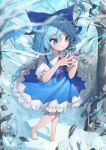  1girl barefoot blue_bow blue_dress blue_eyes blue_hair blue_nails blush bow cirno collared_shirt detached_wings dress fairy fingernails frilled_sleeves frills full_body gunjou_row hair_between_eyes hair_bow highres ice ice_wings nail_polish parted_lips shirt short_hair short_sleeves solo toenail_polish toenails touhou white_shirt wings 