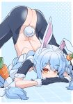  1girl animal_ear_fluff animal_ears ass black_gloves blue_hair blush braid breasts carrot_hair_ornament closed_mouth extra_ears food-themed_hair_ornament fur-trimmed_gloves fur_trim gloves hair_ornament highres hololive jack-o&#039;_challenge long_hair looking_at_viewer meme_attire moral_cacoethes multicolored_hair nipples orange_eyes rabbit-shaped_pupils rabbit_ears rabbit_girl rabbit_tail red_eyes revealing_clothes reverse_bunnysuit reverse_outfit short_eyebrows small_breasts smile solo symbol-shaped_pupils tail thick_eyebrows top-down_bottom-up twin_braids two-tone_hair usada_pekora virtual_youtuber white_hair 
