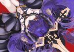  1girl arms_up azur_lane black_skirt clothing_cutout enigmaeclipse felix_schultz_(azur_lane) flat_chest from_above hair_between_eyes highres long_hair looking_at_viewer looking_up navel pale_skin purple_hair red_background red_eyes showgirl_skirt simple_background skirt stomach_cutout tongue twintails very_long_hair 