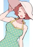  1girl blush breasts cleavage closed_eyes collarbone do_m_kaeru dress_swimsuit hand_on_headwear hat medium_breasts official_alternate_costume okumura_haru open_mouth persona persona_5 polka_dot polka_dot_swimsuit short_hair smile solo sun_hat swimsuit white_headwear 