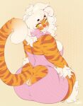  anthro big_breasts big_butt breasts butt buxbi buxbi_(character) clothed clothing eyebrow_through_hair eyebrows felid female fur hair highlights_(coloring) huge_butt long_hair looking_back mammal multicolored_body multicolored_fur multicolored_tail orange_body orange_fur orange_tail pantherine pink_highlights signature sitting solo striped_body striped_fur stripes tail thick_thighs tiger translucent translucent_hair white_body white_fur white_hair white_tail yellow_eyes 
