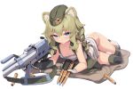  1girl animal_ear_fluff animal_ears bear_ears bear_girl blue_eyes boots braid breasts clip_(weapon) frown gloves green_hair hat highres holding_clip_(weapon) knee_pads long_hair looking_at_viewer lying on_side original panties ptrs-41 sgt-jz simple_background small_breasts solo tank_top thick_eyebrows underwear white_background 