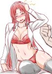  1girl bra braid embodiment_of_scarlet_devil highres hong_meiling long_hair long_sleeves open_clothes open_mouth open_shirt panties red_bra red_eyes red_hair red_panties shiraue_yuu shirt thighhighs touhou twin_braids underwear white_shirt white_thighhighs 