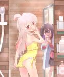  2girls :p ahoge cellphone finger_to_mouth grey_hair highres holding holding_phone kyarahiba long_hair looking_at_viewer multiple_girls one-piece_swimsuit onii-chan_wa_oshimai! oyama_mahiro oyama_mihari phone red_eyes siblings sisters swimsuit tongue tongue_out yellow_one-piece_swimsuit 