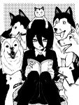 1girl absurdres animal_on_head black_background black_hair black_shirt book cat chainsaw_man greyscale hair_between_eyes halftone halftone_background highres holding holding_book husky looking_at_object looking_down meowy_(chainsaw_man) mole mole_under_eye monochrome nayuta_(chainsaw_man) on_head reading ringed_eyes shirt short_hair simple_background thighhighs tongue tongue_out yones81239278 