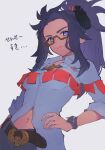  1girl absurdres belt belt_buckle bracelet breasts buckle closed_mouth collared_shirt commentary_request glasses hair_ornament hand_on_hip highres jewelry looking_at_viewer looking_down navel noname_(rftd8828) pants pokemon pokemon_(game) pokemon_sv ponytail purple_eyes raifort_(pokemon) semi-rimless_eyewear shirt sidelocks smile solo translation_request 