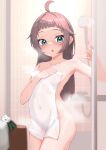  1girl absurdres ahoge aqua_eyes armpits bare_shoulders blush brown_hair collarbone covered_navel flat_chest highres hololive long_hair naked_towel natsuiro_matsuri nude official_alternate_hairstyle open_mouth short_bangs shower_(place) solo steam towel virtual_youtuber wet yoshie_eneko 