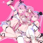  3girls bare_shoulders bikini blush breasts choco_(chocolate_shop) euryale_(fate) fate/grand_order fate_(series) frilled_hairband frills hairband highres large_breasts long_hair looking_at_viewer medusa_(fate) medusa_(rider)_(fate) multiple_girls open_mouth parted_bangs pink_eyes pink_hair sidelocks small_breasts stheno_(fate) swimsuit twintails very_long_hair visor_cap white_bikini 