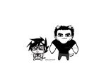  2boys :3 animal_ears arms_at_sides bara beard_stubble black_hair blush cat_boy cat_ears chibi deformed dog_boy dog_ears full_body gideon_gordon_graves greyscale large_pectorals looking_at_viewer lucas_lee male_focus monochrome multiple_boys muscular muscular_male pectorals pleading_eyes scott_pilgrim_takes_off shirt short_hair short_sleeves smile spot_color standing straight-on t-shirt thick_eyebrows tight_clothes tight_shirt zeke_(zekepurr) 