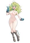  1girl :d absurdres ahoge artist_name black_footwear blue_gloves boku_no_hero_academia boots breasts cleft_of_venus completely_nude gloves green_eyes green_hair hagakure_tooru hair_between_eyes hand_up highres knee_boots large_breasts long_hair looking_at_viewer messy_hair multicolored_hair myahogao navel nipples nude open_mouth pink_hair pussy simple_background smile solo standing stomach streaked_hair teeth thick_eyelashes thigh_gap uncensored unusually_visible v white_background 