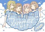  4girls bare_shoulders blonde_hair blunt_bangs bob_cut bouco brown_hair cloud contrail dress fang highres hojo_karen idolmaster idolmaster_cinderella_girls kitami_yuzu kurosaki_chitose long_hair multiple_girls off_shoulder pink_hair plaid plaid_skirt red_eyes saionji_kotoka skirt sky yellow_eyes 