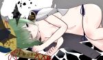  1girl black_panties blue_eyes blue_headwear blush closed_mouth commentary_request epaulettes eromannzyuu expressionless feet_out_of_frame flat_chest green_hair hair_between_eyes highres looking_at_viewer lying medium_bangs navel nipples on_side one_eye_closed panties rod_of_remorse shiki_eiki shirt short_hair side-tie_panties solo touhou underwear undressing white_shirt 