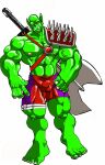  abs armor axe bottomwear bulge clothing green_body green_skin hi_res humanoid male muscular muscular_male nipples orc pecs pink_nipples shorts solo tomcat_(artist) trassk vein veiny_muscles 