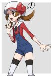  ! 1girl :o blue_overalls border bow brown_eyes brown_hair cabbie_hat grey_background hand_up hat hat_bow highres long_hair lyra_(pokemon) open_mouth overalls pokemon pokemon_(game) pokemon_hgss red_bow red_shirt shirt solo spoken_exclamation_mark thighhighs tongue twintails white_border white_headwear yoshi_(moco1) 