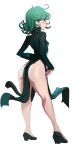  1girl absurdres ass breasts curly_hair dress english_commentary flipped_hair floating_clothes full_body green_dress green_eyes green_hair high_heels highres medium_hair one-punch_man sho-n-d side_slit simple_background small_breasts solo standing tatsumaki white_background 