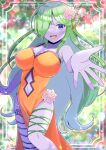  1girl :d bad_perspective bare_arms bare_shoulders blue_eyes blurry blurry_background breasts cleavage clothing_cutout colored_skin commentary_request commission depth_of_field dress flower green_hair hair_flower hair_ornament hair_over_one_eye hand_up kou_hiyoyo large_breasts long_hair navel navel_cutout orange_dress original pelvic_curtain pink_flower purple_skin skeb_commission sleeveless sleeveless_dress smile solo standing very_long_hair 