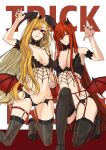  2girls absurdres asymmetrical_bangs bare_shoulders black_bra black_panties blonde_hair bra breasts brown_thighhighs cleavage collarbone demon_horns demon_wings detached_collar earrings facial_mark fate/grand_order fate_(series) garter_belt hair_over_one_eye high_heels highres hiyoko_no_tamago horns jewelry kneeling koha-ace large_breasts long_hair looking_at_viewer multiple_girls navel nero_claudius_(fate) oda_nobunaga_(fate) oda_nobunaga_(maou_avenger)_(fate) panties pointy_ears queen_draco_(fate) queen_draco_(third_ascension)_(fate) red_eyes red_hair smile thighhighs underwear very_long_hair wings 