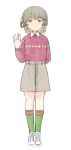  1girl arm_behind_back asasow brown_eyes brown_shorts closed_mouth commentary_request diamond_print expressionless full_body green_socks hair_ornament hand_up hatoba_tsugu kneehighs legs_together light_frown long_sleeves looking_at_viewer mole mole_under_eye pink_sweater print_sweater shirt_under_sweater shoes shorts single_hair_ring sneakers socks solo standing star_(symbol) star_hair_ornament sweater sweater_tucked_in tsugu_(vtuber) virtual_youtuber waving 