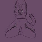  anthro balls black_eyes domestic_cat felid feline felis fur genitals hands_on_legs looking_at_viewer male mammal monochrome mostly_nude ozul penis scarf scarf_only shadowcat_(artist) simple_background sitting solo spread_legs spreading tail tongue tongue_out 