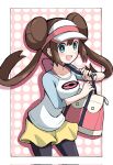  1girl :d bag black_pantyhose blush border bow bright_pupils brown_hair double_bun doughnut_hair_bun emapippi green_eyes hair_bun handbag highres holding_strap open_mouth pantyhose pantyhose_under_shorts pink_bag pink_bow pokemon pokemon_(game) pokemon_bw2 polka_dot polka_dot_background raglan_sleeves rosa_(pokemon) short_shorts shorts smile twintails visor_cap white_border white_pupils yellow_shorts 