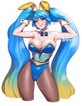  1girl :q alternate_costume arms_up artist_name blue_hair blush blushyspicy breasts brown_pantyhose cleavage collarbone green_hair hair_lift highres holding holding_hair large_breasts league_of_legends lips long_hair multicolored_hair orange_hair pantyhose shiny_skin smile solo sona_(league_of_legends) tongue tongue_out twintails very_long_hair wavy_hair 