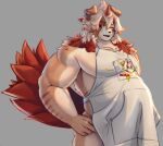  anthro apron apron_only arknights belly canid canine canis clothing domestic_dog floppy_ears fluffy fur grey_background hair horn hung_(arknights) hypergryph long_hair male mammal multicolored_hair musclegut muscular muscular_anthro muscular_male one_eye_closed open_mouth overweight overweight_anthro overweight_male pecs red_eyes red_tail ryuhayabusa7644 simple_background solo studio_montagne tail tan_body tan_fur teeth two_tone_hair white_hair 
