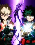  1girl 5boys ankle_boots arms_at_sides bakugou_katsuki belt belt_pouch black_background black_footwear black_pants blonde_hair blu-ray_cover bodysuit boku_no_hero_academia boots bright_pupils cel_shading chimera_(boku_no_hero_academia) claws clenched_hand closed_mouth collarbone cover covered_face curly_hair detached_sleeves diffraction_spikes explosive eyebrows_hidden_by_hair eyes_in_shadow floating floating_hair freckles furrowed_brow gloves glowing glowing_eyes gradient_background green_bodysuit green_eyes green_gloves green_hair grenade hair_between_eyes hand_up hasaki_kiruka highres light light_rays long_hair looking_at_viewer looking_back mask mask_around_neck midoriya_izuku mouth_mask multiple_boys mummy_(boku_no_hero_academia) neon_trim nine_(boku_no_hero_academia) official_art pants pouch power_suit purple_background red_belt red_eyes sanpaku serious shoe_soles short_hair side-by-side silhouette sleeveless snap-fit_buckle spiked_hair split_mouth straight-on sunburst sword tank_top third-party_source tube turning_head umakoshi_yoshihiko upper_body utility_belt v-neck v-shaped_eyebrows weapon white_gloves white_pupils wrist_guards x 