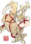 1boy absurdres animal_ears antlers bdsm black_lips blonde_hair bondage bound centauroid completely_nude dio_brando ear_piercing fangs full_body fur-tipped_tail highres hooves huang_lia jojo_no_kimyou_na_bouken large_pectorals looking_at_viewer male_focus manboobs medium_hair monster_boy monsterification muscular muscular_male nipples nude open_mouth pectorals piercing qilin_(mythology) scales shibari sitting solo tail taur white_background yellow_eyes yellow_scales 