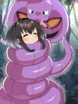  1girl :&lt; absurdres arbok black_hair blush bound closed_eyes closed_mouth commission constriction crossover forest forked_tongue gradient_hair grey_hair highres kantai_collection multicolored_hair nature outdoors pokemon pokemon_(creature) short_hair_with_long_locks skeb_commission tokitsukaze_(kancolle) tongue yorika720 