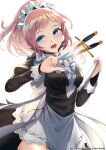  1girl absurdres artist_name black_dress blue_eyes breasts dagger dress felicia_(fire_emblem) fire_emblem fire_emblem_fates highres holding holding_dagger holding_knife holding_tray holding_weapon knife light_brown_hair looking_at_viewer maid maid_headdress medium_breasts open_mouth ponytail ryo-suzuki smile solo tray upper_body weapon white_background 