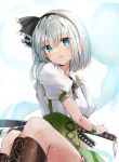  1girl adapted_costume black_footwear black_hairband black_ribbon blue_eyes blush boots breasts brown_footwear corset cross-laced_footwear feet_out_of_frame green_skirt hair_between_eyes hair_ribbon hairband highres hitodama katana konpaku_youmu konpaku_youmu_(ghost) lace-up_boots looking_at_viewer miniskirt puffy_short_sleeves puffy_sleeves revision ribbon sheath sheathed shironeko_yuuki shirt short_hair short_sleeves sitting skirt solo sword thighs touhou twisted_torso underbust vest weapon white_background white_shirt 