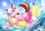  anthro banana big_tail blue_eyes blue_pawpads canid canine canis clothing dessert detailed_background donut_(misterdonut) doughnut fish food food_creature fruit fur girly hair inflatable_toy kemono lens_flare looking_back male mammal marine open_mouth pawpads paws pink_body pink_fur plant scared school_swimsuit sea sky solo sprinkledog sunnynoga swimwear tail water white_hair worried_look 