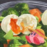  blue_eyes blush_stickers bowl broccoli carrot closed_mouth food food_focus hat kirby kirby_(series) miclot no_humans pink_footwear salad shoes smile softboiled_egg straw_hat 