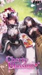  2girls black_gloves black_hair box breasts cleavage clothing_cutout cup fingernails flower food gloves goddess_of_victory:_nikke grass hand_on_own_cheek hand_on_own_face highres japanese_clothes kimono leg_cutout lying moran_(nikke) multiple_girls official_art on_side panties panty_peek red_eyes sakura_(nikke) sitting string_panties tea tree underwear 