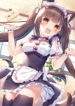 1girl :d animal_ear_fluff animal_ears apron bell black_dress black_thighhighs blunt_bangs blunt_ends blush bow bowtie breasts brown_eyes brown_hair brown_tail cake cake_slice cat_ears cat_girl cat_tail chocola_(nekopara) cleavage cleavage_cutout clothes_lift clothing_cutout commentary cowboy_shot day dress food frilled_apron frilled_dress frilled_sleeves frills fruit groin hair_bow hair_ribbon happy highres holding holding_tray indoors jingle_bell long_hair looking_at_viewer maid maid_headdress medium_breasts mofukoke neck_bell nekopara open_mouth pink_bow pink_bowtie puffy_short_sleeves puffy_sleeves ribbon short_dress short_sleeves sidelighting sidelocks skirt skirt_lift smile solo standing strawberry tail thighhighs tray twintails very_long_hair w_arms waitress white_apron white_ribbon white_wrist_cuffs window zettai_ryouiki 