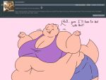  2018 4:3 5_fingers anthro ask_blog batspid2 belly big_belly big_breasts bottomwear breasts clothing crop_top cutoffs denim denim_clothing dialogue digital_drawing_(artwork) digital_media_(artwork) english_text exclamation eyebrows eyelashes eyes_closed female fingers flabby_arms flat_colors frill_(anatomy) head_crest head_frill juna_(batspid2) lizard membrane_(anatomy) membranous_frill morbidly_obese morbidly_obese_anthro morbidly_obese_female motion_lines navel obese obese_anthro obese_female overweight overweight_anthro overweight_female pink_background pink_body pink_skin raised_eyebrow reptile scalie shirt shorts simple_background smile solo tail text topwear wide_hips 