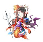  1girl back_bow bare_shoulders black_hair blue_bow blue_eyes bow chinese_clothes chinese_hairpin clothing_cutout dress fins fish_girl fish_hair_ornament fish_tail floating_hair forehead_jewel full_body gem gyaza hair_ornament hanfu head_fins highres long_hair menghuan_xi_you one_eye_closed original parted_bangs pearl_(gemstone) polearm red_dress shell shoulder_cutout solo tail trident weapon whistling white_background wide_sleeves 