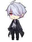  1boy becas_shannam_(iron_saga) belt black_coat black_gloves chibi coat gloves hair_over_one_eye iron_saga red_eyes third-party_source white_hair 