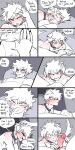  4_ears anthro bulge collar comic dialogue duo english_text genitals hi_res human izuku_midoriya katsuki_bakugou lying male male/male mammal multi_ear my_hero_academia penis pretty_werewolf red_penis shirtless speech_bubble text 