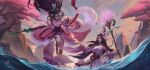  2girls absurdres barefoot black_hair blue_eyes breasts buwenyineng cherry_blossoms cleavage closed_mouth cloud collarbone detached_sleeves dress english_commentary facial_mark falling_petals fingernails fins fish fish_tail floating_hair forehead_mark hair_ornament highres holding holding_staff janna_(league_of_legends) league_of_legends long_hair looking_at_another mermaid monster_girl mountain multiple_girls nami_(league_of_legends) official_alternate_costume official_alternate_hairstyle outdoors parted_bangs parted_lips petals pink_dress ponytail sacred_sword_janna sidelocks sky smile splashing splendid_staff_nami staff tail toenails toes tree water wide_sleeves 