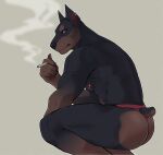  2023 absurd_res anthro black_sclera butt canid canine canis cigarette clothed clothing crouching digital_media_(artwork) dobermann domestic_dog ear_piercing furgonomics hi_res holding_cigarette holding_object looking_at_viewer male mammal muscular muscular_anthro muscular_male nipple_piercing nipples pecs piercing pinscher pinup pose side_view simple_background smoke smoking solo thong underwear underwear_only whireds 
