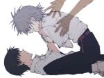  2boys belt black_hair black_pants brown_belt collared_shirt eyelashes grey_hair ikari_shinji multiple_boys nagisa_kaworu neon_genesis_evangelion official_style open_mouth pants parody shirt short_hair short_sleeves smile style_parody tousok white_shirt yaoi 