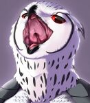  anthro avian beak bird bubo_(genus) cybernetics feathers gaping_mouth hi_res machine male mouth_shot open_mouth owl red_eyes solo thieu_(thieutheowl) true_owl tsubelle white_body white_feathers 