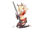  1girl antlers bell belt between_legs between_thighs black_pantyhose blonde_hair blue_eyes blush christmas deer_tail fake_antlers feet full_body fur-trimmed_belt fur-trimmed_shirt fur_trim girls&#039;_frontline gun hairband hand_up headphones holding holding_gun holding_weapon jingle_bell kneeling looking_at_viewer medium_hair midriff mistletoe_hair_ornament multicolored_hair navel official_alternate_costume official_art one_eye_closed orange_hair ots-44 ots-44_(forest_reindeer)_(girls&#039;_frontline) ots-44_(girls&#039;_frontline) pantyhose red_hairband red_headphones red_shirt red_shorts reindeer_antlers rosele scope shirt shorts simple_background snowball solo stirrup_legwear streaked_hair tail thick_eyebrows toeless_legwear torn_clothes torn_pantyhose torn_shirt transparent_background wavy_hair wavy_mouth weapon white_belt 