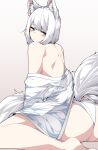  1girl absurdres animal_ear_fluff animal_ears ass azur_lane bare_back bare_shoulders barefoot blue_eyes blush commentary fox_ears fox_tail gradient_background grey_background highres japanese_clothes kaga_(azur_lane) kimono looking_at_viewer off_shoulder panties samip short_hair sitting solo tail thighs underwear wariza white_hair white_kimono white_panties 