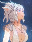  1girl animal_ears blue_eyes breasts cat_ears chaosringen facial_mark final_fantasy final_fantasy_xiv grey_hair highres jewelry large_breasts miqo&#039;te pendant short_hair sleeveless solo upper_body warrior_of_light_(ff14) whisker_markings 