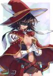  1girl belt black_blindfold black_hair blindfold breasts brown_dress cape cleavage commentary_request cowboy_shot creator_(ragnarok_online) dress eric_flay gloves hat hat_feather interlocked_fingers living_clothes medium_breasts navel open_mouth ragnarok_online red_belt red_cape red_headwear sharp_teeth short_dress short_hair smile solo teeth vial white_gloves witch_hat 